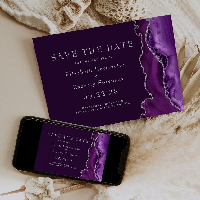 Convite Roxo Save the Date de Ágata Prata e Ameixa (Criador carregado)