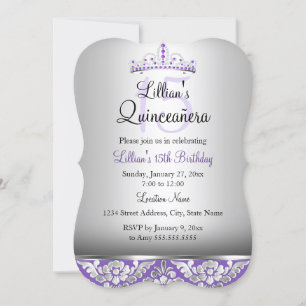 Convite Roxo Silver Damask & Tiara Quinceanera Invite