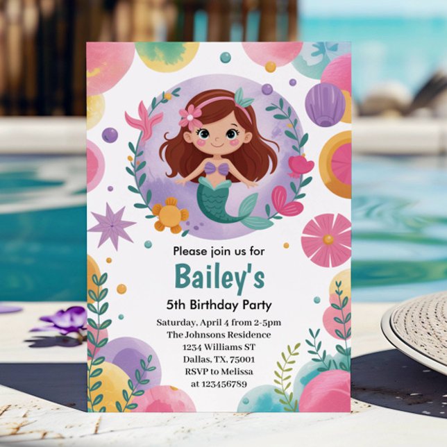 Convite Roxo sob a Festa de aniversário de 5 de Sereia do  (Criador carregado)