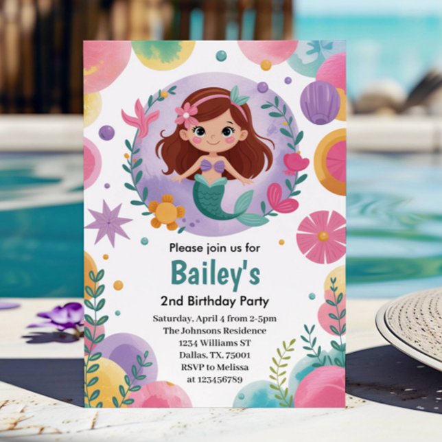 Convite Roxo Sob O Partido segundo aniversário Da Sereia M (Criador carregado)