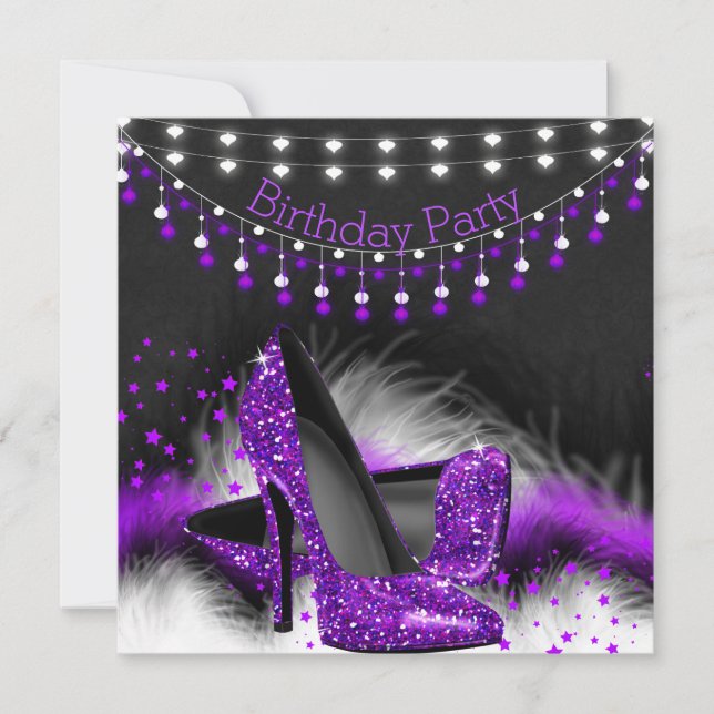 Convite Roxo Stars High Heels Birthday Chalkboard Lights (Frente)