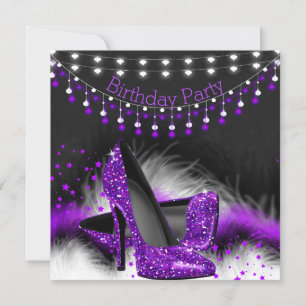 Convite Roxo Stars High Heels Birthday Chalkboard Lights