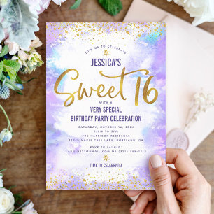 Convite Roxo Sweet 16 Aquarela Dourado Aniversário Glam Ou