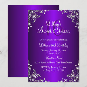 Convite Roxo Sweet 16 Pérola Prata Damask