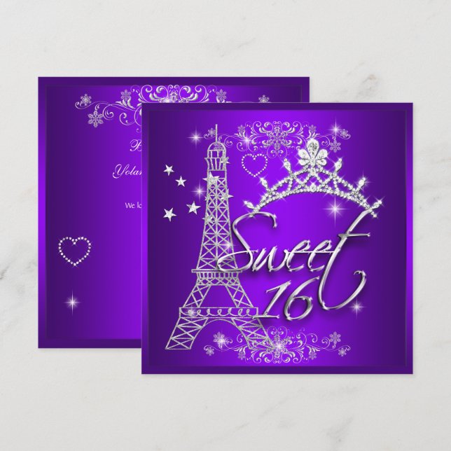 Convite Roxo Sweet 16 Sweet Sixteen Torre Eiffel (Frente/Verso)