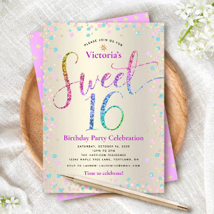 Convite Roxo Turquesa Brilho Doce 16 Aniversário Dourado