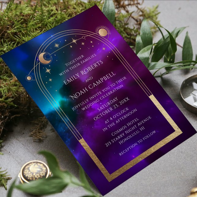 Convite Roxo Turquesa Dourado Sol Lua Estrelas Celestiais (Criador carregado)
