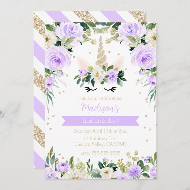 Convite Roxo Unicorn Girly Birthday (Frente/Verso)
