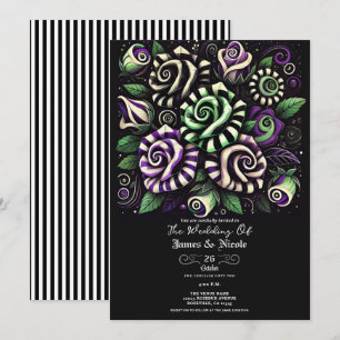 Convite Roxo Verde Faixa Preto Floral Casamento de Hallowe