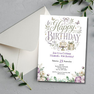 Convite Roxo Verde Florais Aquarela Aniversário Dela
