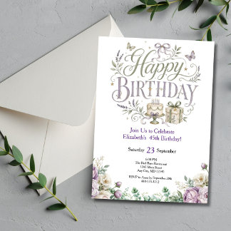 Convite Roxo Verde Florais Aquarela Aniversário Dela