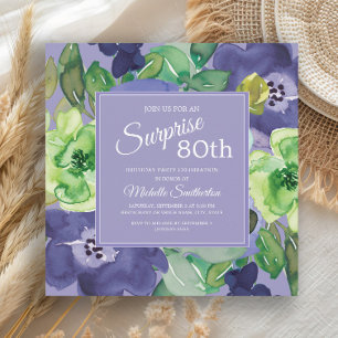 Convite Roxo Verde Naval Aquarela Floral 80º Aniversário