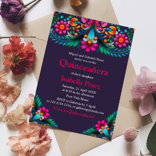 Convite Roxo Vibrante Floral Quinceanera Festa Mexicana