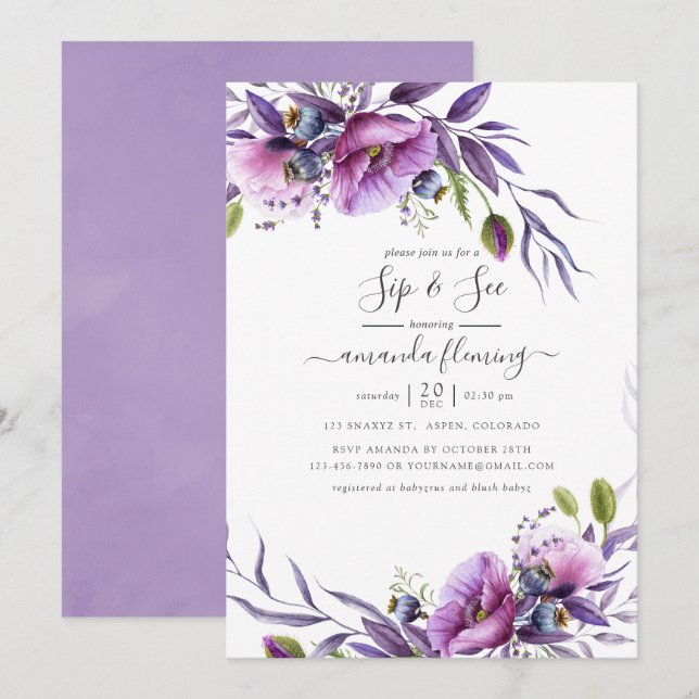 Convite Roxo Violeta Amarelo Floral Sip and See (Frente/Verso)