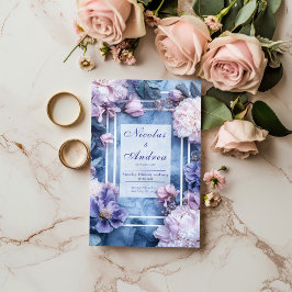 Convite Roxo Violeta Floral Geométrico Mármore Azul Casame