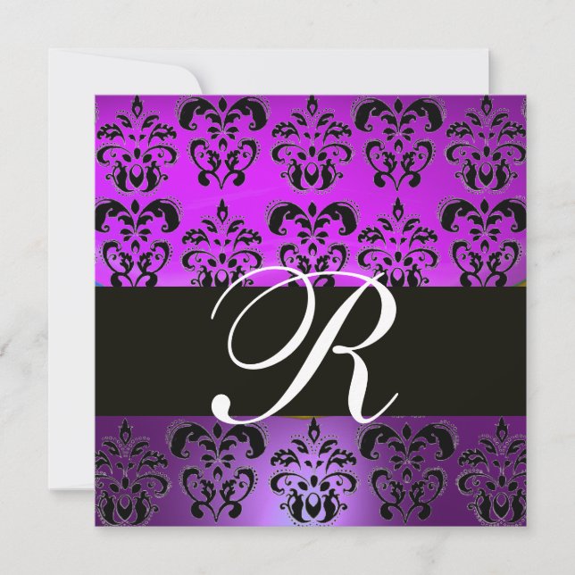 Convite ROXO VIOLETA PRETO DAMASCO MONOGRAMA,,branco (Frente)