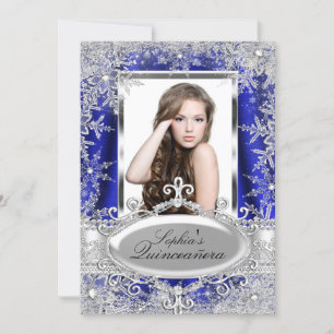 Convite Royal Azul Brilho Jóia Floco de Neve Quinceanera