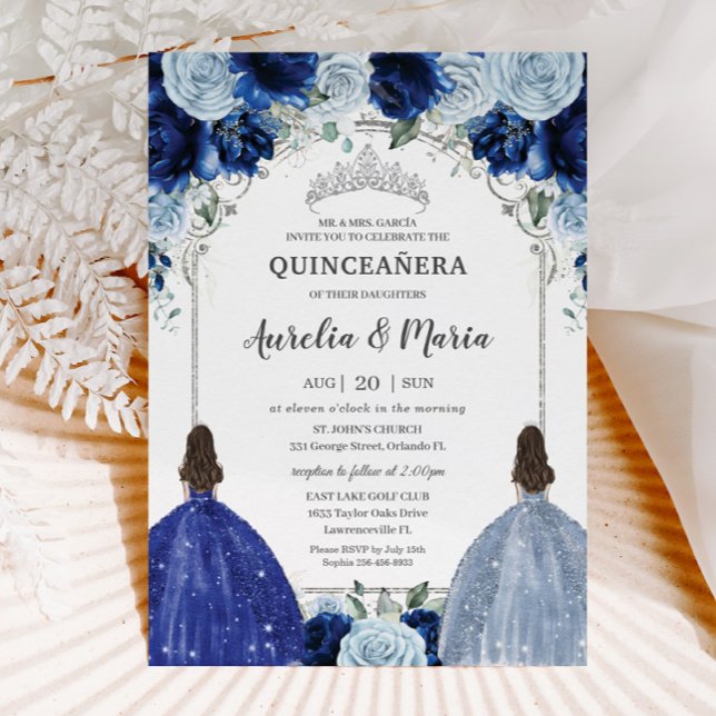 Convite Royal Baby Blue Gêmeas Florais Silver Quinceañera (Criador carregado)