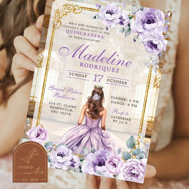 Convite Royal Ballroom Dourado e Purple Quinceanera (Criador carregado)