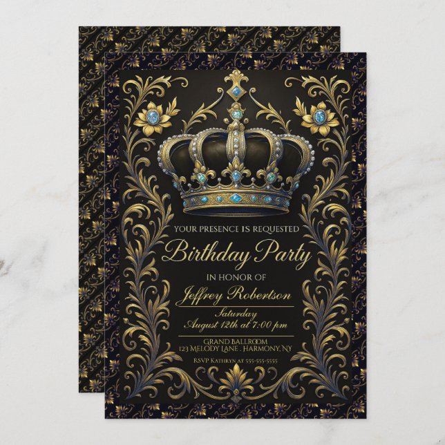 Convite Royal Birthday Party Crown Ornate Invitation (Frente/Verso)