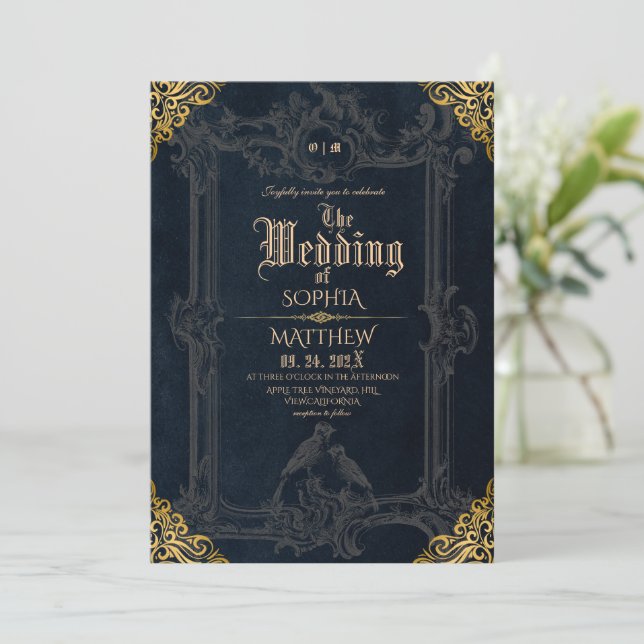 Convite Royal Black Gold Fantasy Medieval Wedding  (Em pé/Frente)