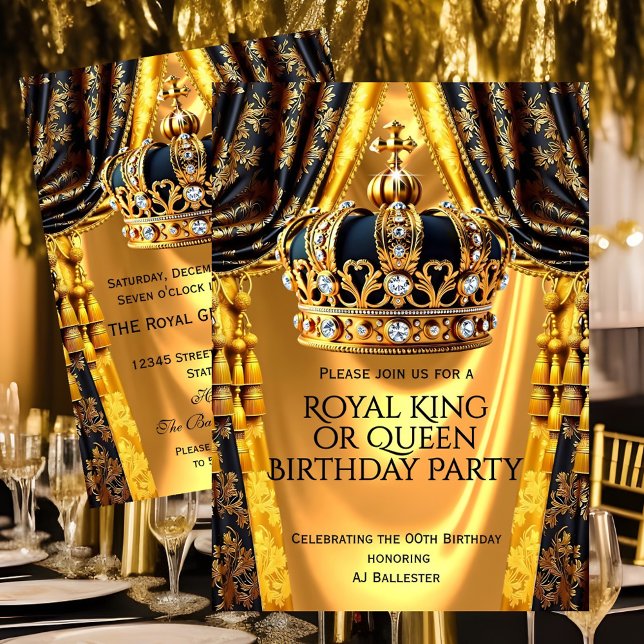 Convite Royal Black Gold King Queen Crown Birthday Party (Criador carregado)