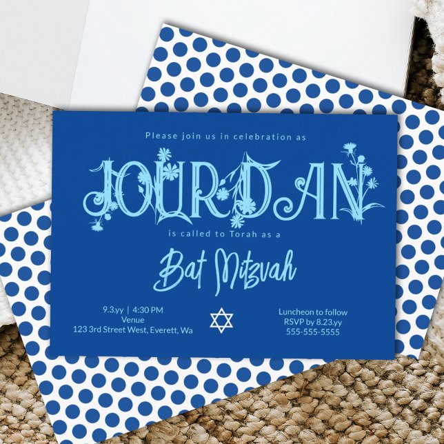 Convite Royal Blue Bat Mitzvah Floral, Bolinhas (royal blue floral bat mitzvah invitation typographical letters word art wild flowers floral spring )
