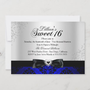 Convite Royal Blue Black Damask Brilho Sweet 16