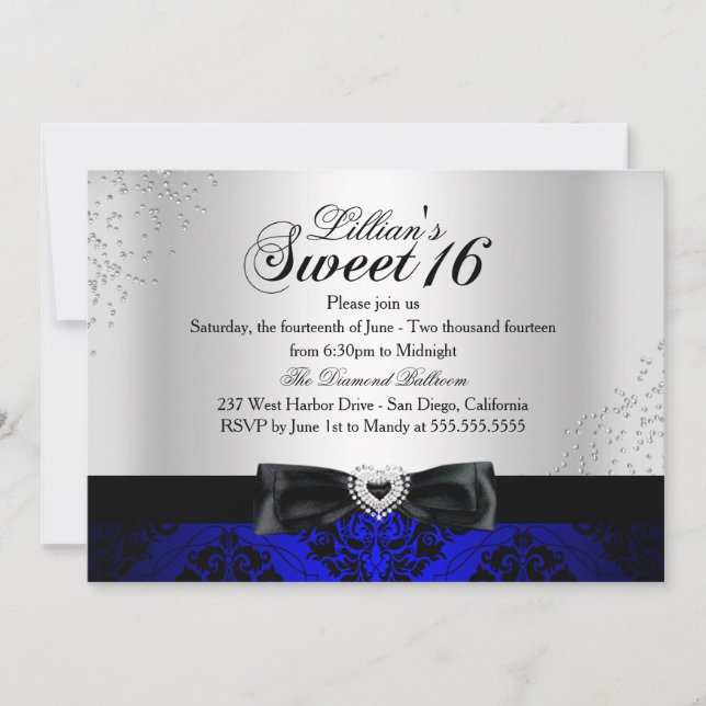 Convite Royal Blue Black Damask Brilho Sweet 16 (Frente)