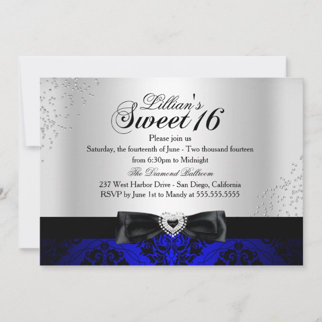 Convite Royal Blue Black Damask Sparkle Sweet 16 Invite (Frente)