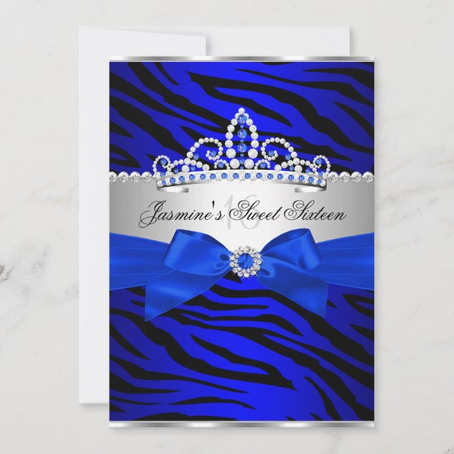 Convite Royal Blue & Black Zebra Sweet 16 Festa de anivers (Frente)