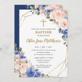 Convite Royal Blue Blush Floral Dourado Baptism Christenin