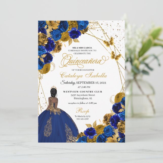 Convite Royal Blue Butterfly Princess Quinceanera (Em pé/Frente)