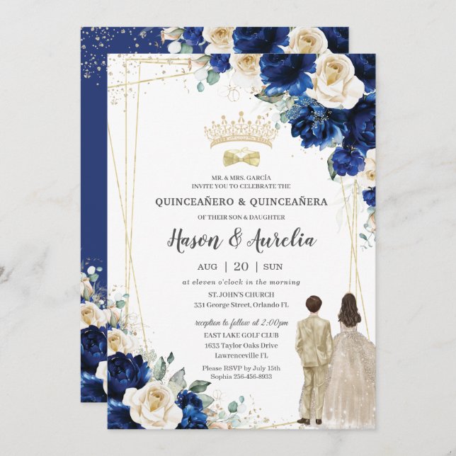 Convite Royal Blue Champagne Twins Boy Quinceañera (Frente/Verso)