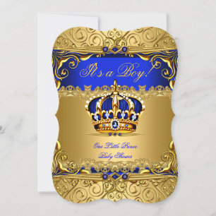 Convite Royal Blue Damask Coroa Dourada Baby Shower Menino