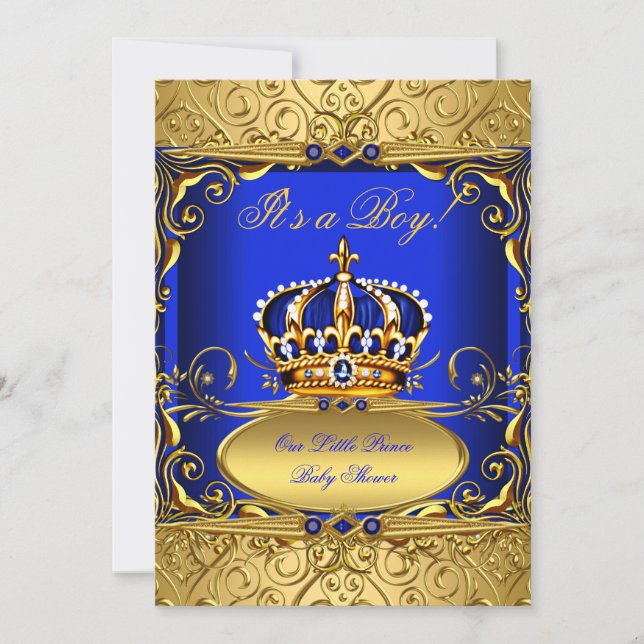 Convite Royal Blue Damask Coroa Dourada Churrasco de Bebê  (Frente)
