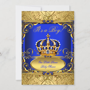 Convite Royal Blue Damask Coroa Dourada Churrasco de Bebê 