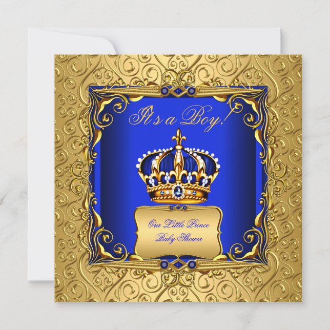 Convite Royal Blue Damask Dourado Crown Chá de fraldas Boy (Frente)