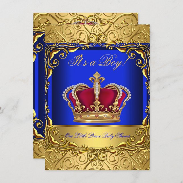 Convite Royal Blue Damask Dourado Crown Chá de fraldas Boy (Frente/Verso)