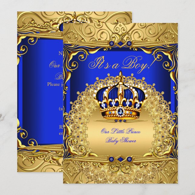 Convite Royal Blue Damask Dourado Crown Chá de fraldas Boy (Frente/Verso)
