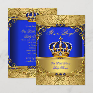 Convite Royal Blue Damask Gold Crown Baby Shower Boy PEQUE