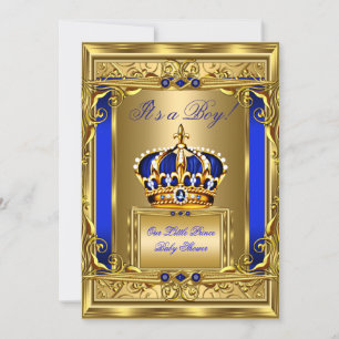 Convite Royal Blue Damask Gold Crown Baby Shower Menino bg