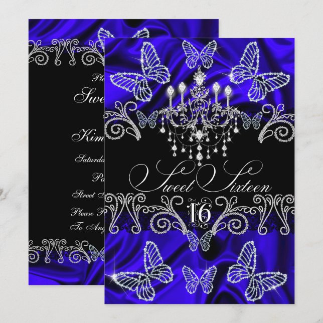 Convite Royal Blue Diamond Butterfly Sweet Sixteen (Frente/Verso)