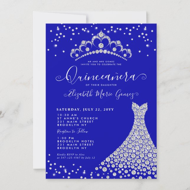 Convite Royal Blue Diamond Sparkle Tiara Gown Quinceanera (Frente)