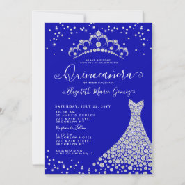Convite Royal Blue Diamond Sparkle Tiara Gown Quinceanera