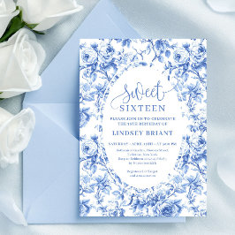 Convite Royal Blue Digital Floral 16th Birthday Invite
