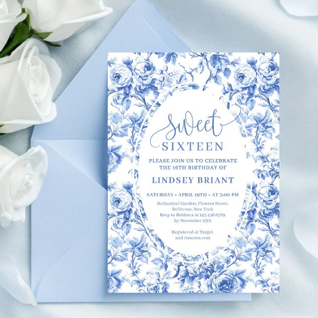 Convite Royal Blue Digital Floral 16th Birthday Invite (Royal Blue Digital Floral 16th Birthday Invite)