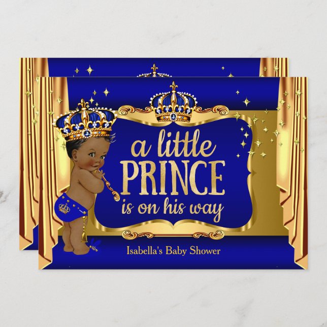 Convite Royal Blue Dourada Boy Prince Chá de fraldas Ethni (Frente/Verso)