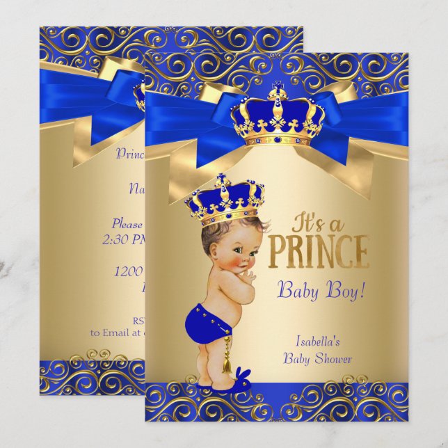Convite Royal Blue Dourado Damask Prince Chá de fraldas Br (Frente/Verso)