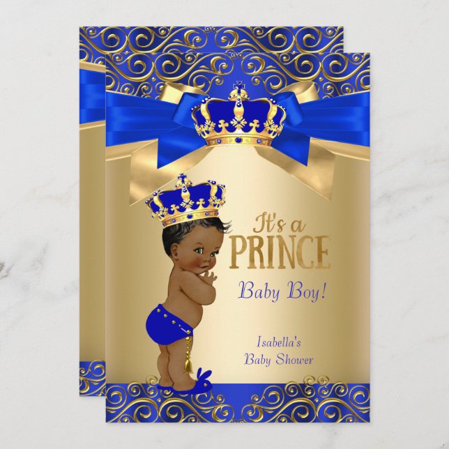Convite Royal Blue Dourado Damask Prince Chá de fraldas Et (Frente/Verso)